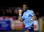 17 February 2023; St Patricks Athletic goalkeeper David Odumosu celebrates his side's late equalising goal, scored by teammate Joe Redmond, during the SSE Airtricity Men's Premier Division match between St Patrick's Athletic and Derry City at Richmond Park in Dublin. Photo by Seb Daly/Sportsfile