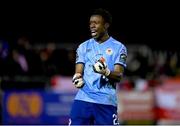 17 February 2023; St Patricks Athletic goalkeeper David Odumosu celebrates his side's late equalising goal, scored by teammate Joe Redmond, during the SSE Airtricity Men's Premier Division match between St Patrick's Athletic and Derry City at Richmond Park in Dublin. Photo by Seb Daly/Sportsfile