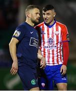 17 February 2023; Enda Curran of Treaty United with Dane Massey of Bray Wanderers during the SSE Airtricity Men's First Division match between Treaty United and Bray Wanderers at Market's Field in Limerick. Photo by Michael P Ryan/Sportsfile