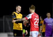 17 February 2023; Ryan Graydon of Derry City, left, and Sam Curtis of St Patrick's Athletic shake hands after the drawn SSE Airtricity Men's Premier Division match between St Patrick's Athletic and Derry City at Richmond Park in Dublin. Photo by Seb Daly/Sportsfile