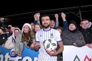 17 February 2023; Wassim Aouachria of Waterford with the match ball after he scored a hat trick against Wexford in the SSE Airtricity Men's First Division match between Wexford and Waterford at Ferrycarrig Park in Wexford. Photo by Matt Browne/Sportsfile