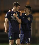 17 February 2023; Bray Wanderers players Ben Feeney, left, and Len O'Sullivan after their side's victory in the SSE Airtricity Men's First Division match between Treaty United and Bray Wanderers at Market's Field in Limerick. Photo by Michael P Ryan/Sportsfile