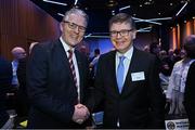 17 February 2023; Jarlath Burns with Ard Stiúrthóir of the GAA Tom Ryan, right, after he was voted-in as the GAA president elect during day one of the GAA Annual Congress 2023 at Croke Park in Dublin. Photo by Piaras Ó Mídheach/Sportsfile