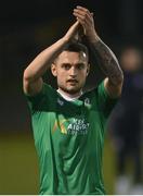 17 February 2023; Leo Gaxha of Kerry FC applauds supporters after the SSE Airtricity Men's First Division match between Kerry and Cobh Ramblers at Mounthawk Park in Tralee, Kerry. Photo by Brendan Moran/Sportsfile