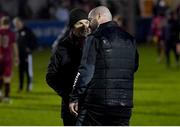 17 February 2023; Galway United manager John Caulfield, left, and Finn Harps manager Dave Rogers after the SSE Airtricity Men's First Division match between Finn Harps and Galway United at Finn Park in Ballybofey, Donegal. Photo by David Fitzgerald/Sportsfile