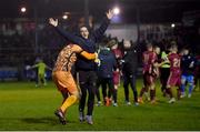 17 February 2023; Galway United kitman Kenny Flaherty and goalkeeper Brendan Clarke celebrate after the SSE Airtricity Men's First Division match between Finn Harps and Galway United at Finn Park in Ballybofey, Donegal. Photo by David Fitzgerald/Sportsfile