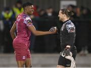 17 February 2023; Justin Eguaibor, left, and Lee Steacy of Cobh Ramblers celebrate victory after the SSE Airtricity Men's First Division match between Kerry and Cobh Ramblers at Mounthawk Park in Tralee, Kerry. Photo by Brendan Moran/Sportsfile