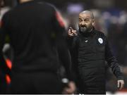 17 February 2023; Finn Harps manager Dave Rogers gestures towards Galway assistant manager Ollie Horgan during the SSE Airtricity Men's First Division match between Finn Harps and Galway United at Finn Park in Ballybofey, Donegal. Photo by David Fitzgerald/Sportsfile