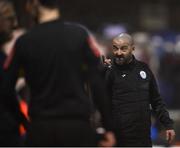 17 February 2023; Finn Harps manager Dave Rogers gestures towards Galway assistant manager Ollie Horgan during the SSE Airtricity Men's First Division match between Finn Harps and Galway United at Finn Park in Ballybofey, Donegal. Photo by David Fitzgerald/Sportsfile