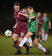 17 February 2023; Jason Abbott of Cobh Ramblers is tackled by Ronan Teahan of Kerry FC during the SSE Airtricity Men's First Division match between Kerry and Cobh Ramblers at Mounthawk Park in Tralee, Kerry. Photo by Brendan Moran/Sportsfile