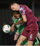 17 February 2023; Charlie Lyons of Cobh Ramblers and Kennedy Amechi of Kerry FC contest a header during the SSE Airtricity Men's First Division match between Kerry and Cobh Ramblers at Mounthawk Park in Tralee, Kerry. Photo by Brendan Moran/Sportsfile