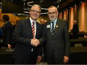 17 February 2023; Jarlath Burns with Uachtarán Chumann Lúthchleas Gael Larry McCarthy, right, after he was voted-in as the GAA president elect during day one of the GAA Annual Congress 2023 at Croke Park in Dublin. Photo by Piaras Ó Mídheach/Sportsfile