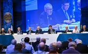 18 February 2023; Delegates at the top table, from left, GAA trustee John Joe O'Carroll, GAA trustee Ned Quinn, Munster GAA chairman Ger Ryan, Ulster GAA president Ciarán McLaughlin, Uachtarán Chumann Lúthchleas Gael Larry McCarthy, Ard Stiúrthóir of the GAA Tom Ryan, outgoing Leinster GAA chairman Pat Teehan, Connacht GAA president John Murphy and Britain GAA president Noel O'Sullivan during day two of the GAA Annual Congress 2023 at Croke Park in Dublin. Photo by Piaras Ó Mídheach/Sportsfile