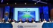 18 February 2023; Delegates at the top table, from left, GAA trustee John Joe O'Carroll, GAA trustee Ned Quinn, Munster GAA chairman Ger Ryan, Ulster GAA president Ciarán McLaughlin, Uachtarán Chumann Lúthchleas Gael Larry McCarthy, Ard Stiúrthóir of the GAA Tom Ryan, outgoing Leinster GAA chairman Pat Teehan, Connacht GAA president John Murphy and Britain GAA president Noel O'Sullivan during day two of the GAA Annual Congress 2023 at Croke Park in Dublin. Photo by Piaras Ó Mídheach/Sportsfile