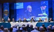 18 February 2023; Delegates at the top table, from left, GAA trustee John Joe O'Carroll, GAA trustee Ned Quinn, Munster GAA chairman Ger Ryan, Ulster GAA president Ciarán McLaughlin, Uachtarán Chumann Lúthchleas Gael Larry McCarthy, Ard Stiúrthóir of the GAA Tom Ryan, outgoing Leinster GAA chairman Pat Teehan, Connacht GAA president John Murphy and Britain GAA president Noel O'Sullivan during day two of the GAA Annual Congress 2023 at Croke Park in Dublin. Photo by Piaras Ó Mídheach/Sportsfile