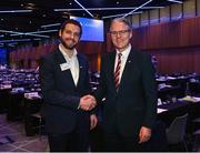 18 February 2023; GPA chief executive officer Tom Parsons, left, with Uachtarán Tofa Chumann Lúthchleas Gael Jarlath Burns during day two of the GAA Annual Congress 2023 at Croke Park in Dublin. Photo by Piaras Ó Mídheach/Sportsfile