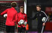 17 February 2023; Bohemians goalkeeping coach Ronan McCarthy with Bohemians goalkeeper James Talbot before the SSE Airtricity Men's Premier Division match between Cork City and Bohemians at Turner's Cross in Cork. Photo by Eóin Noonan/Sportsfile