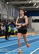 18 February 2023; David Kenny of Farranfore Maine Valley AC, Kerry, crosses the line to win the senior men's 5000m Walk during day one of the 123.ie National Senior Indoor Championships at National Indoor Arena in Dublin. Photo by Sam Barnes/Sportsfile