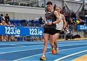 18 February 2023; David Kenny of Farranfore Maine Valley AC, Kerry, left, on his way to winning the senior men's 5000m Walk, ahead of Callum Lewis Wilkinson of Togher AC, Cork, who finished third, during day one of the 123.ie National Senior Indoor Championships at National Indoor Arena in Dublin. Photo by Sam Barnes/Sportsfile