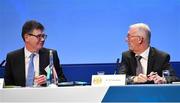 17 February 2023; Ard Stiúrthóir of the GAA Tom Ryan, left, and GAA presidential candidate Pat Teehan during day one of the GAA Annual Congress 2023 at Croke Park in Dublin. Photo by Piaras Ó Mídheach/Sportsfile