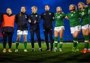 17 February 2023; Republic of Ireland manager Vera Pauw, third from left, with, from left, Harriet Scott, Kyra Carusa, assistant manager Tom Elmes, Hayley Nolan, Amber Barrett and Izzy Atkinson after a behind closed doors training match between Republic of Ireland and Germany at Marbella Football Centre in Marbella, Spain. Photo by Stephen McCarthy/Sportsfile