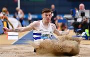 18 February 2023; Eoghan McGrath of Celbridge AC, Kildare, competing in the senior men's Long Jump during day one of the 123.ie National Senior Indoor Championships at National Indoor Arena in Dublin. Photo by Sam Barnes/Sportsfile