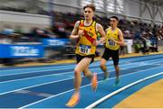 18 February 2023; Nicholas Griggs of Mid Ulster AC, left, and Darragh McElhinney of UCD AC, Dublin, competing in the senior men's 3000m during day one of the 123.ie National Senior Indoor Championships at National Indoor Arena in Dublin. Photo by Sam Barnes/Sportsfile