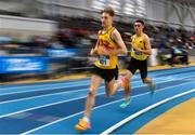 18 February 2023; Darragh McElhinney of UCD AC, Dublin, right, on his way to winning the senior men's 3000m, ahead of Nicholas Griggs of Mid Ulster AC, who finished second, during day one of the 123.ie National Senior Indoor Championships at National Indoor Arena in Dublin. Photo by Sam Barnes/Sportsfile