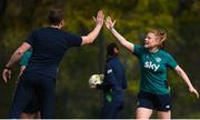 18 February 2023; Amber Barrett and assistant manager Tom Elmes during a Republic of Ireland women training session at Dama de Noche Football Center in Marbella, Spain. Photo by Stephen McCarthy/Sportsfile