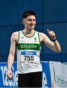 18 February 2023; Mark Smyth of Raheny Shamrock AC, Dublin, after winning the senior men's 200m  during day one of the 123.ie National Senior Indoor Championships at National Indoor Arena in Dublin. Photo by Sam Barnes/Sportsfile