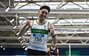 18 February 2023; Mark Smyth of Raheny Shamrock AC, Dublin, celebrates after winning the senior men's 200m  during day one of the 123.ie National Senior Indoor Championships at National Indoor Arena in Dublin. Photo by Sam Barnes/Sportsfile