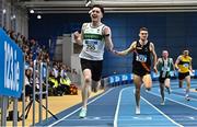 18 February 2023; Mark Smyth of Raheny Shamrock AC, Dublin, celebrates after winning the senior men's 200m  during day one of the 123.ie National Senior Indoor Championships at National Indoor Arena in Dublin. Photo by Sam Barnes/Sportsfile