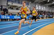 18 February 2023; Nicholas Griggs of Mid Ulster AC, left, and Darragh McElhinney of UCD AC, Dublin, competing in the the senior men's 3000m during day one of the 123.ie National Senior Indoor Championships at National Indoor Arena in Dublin. Photo by Sam Barnes/Sportsfile