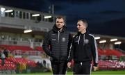 17 February 2023; Bohemians goalkeeping coach Chris Bennion, left, and Bohemians first team coach Derek Pender before the SSE Airtricity Men's Premier Division match between Cork City and Bohemians at Turner's Cross in Cork. Photo by Eóin Noonan/Sportsfile