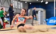 18 February 2023; Natalie McCrory of City of Lisburn AC, Down, competing in the senior women's Triple Jump during day one of the 123.ie National Senior Indoor Championships at National Indoor Arena in Dublin. Photo by Sam Barnes/Sportsfile