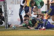 18 February 2023; Diarmuid Kilgallen of Connacht scores a try during the United Rugby Championship match between Zebre Parma and Connacht at Stadio Sergio Lanfranchi in Parma, Italy. Photo by Massimiliano Carnabuci/Sportsfile