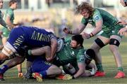 18 February 2023; Dylan Tierney-Martin of Connacht is tackled by Leonard Krumov of Zebre during the United Rugby Championship match between Zebre Parma and Connacht at Stadio Sergio Lanfranchi in Parma, Italy. Photo by Massimiliano Carnabuci/Sportsfile