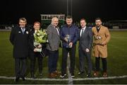 17 February 2023; FAI president Gerry McAnaney, third from left, and League of Ireland director Mark Scanlon, second from right, make a presentation to Kerry FC chief executive officer Brian Ainscough, in the company of, from left, Kerry FC general manager Sean O'Keeffe, Kerry FC match day operations manager Geraldine Nagle and Kerry FC chief operating officer Steven Conway before the SSE Airtricity Men's First Division match between Kerry and Cobh Ramblers at Mounthawk Park in Tralee, Kerry. Photo by Brendan Moran/Sportsfile