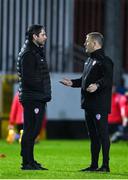 17 February 2023; Derry City head coach Ruaidhrí Higgins, left, and assistant manager Alan Reynolds before the SSE Airtricity Men's Premier Division match between St Patrick's Athletic and Derry City at Richmond Park in Dublin. Photo by Seb Daly/Sportsfile