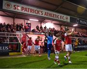 17 February 2023; Joe Redmond of St Patrick's Athletic leads his side out before the SSE Airtricity Men's Premier Division match between St Patrick's Athletic and Derry City at Richmond Park in Dublin. Photo by Seb Daly/Sportsfile