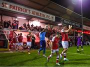 17 February 2023; Joe Redmond of St Patrick's Athletic leads his side out before the SSE Airtricity Men's Premier Division match between St Patrick's Athletic and Derry City at Richmond Park in Dublin. Photo by Seb Daly/Sportsfile