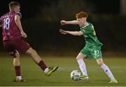 17 February 2023; Graham O'Reilly of Kerry FC in action against Callum Stringer of Cobh Ramblers during the SSE Airtricity Men's First Division match between Kerry and Cobh Ramblers at Mounthawk Park in Tralee, Kerry. Photo by Brendan Moran/Sportsfile