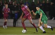 17 February 2023; Justin Eguaibor of Cobh Ramblers in action against Nathan Gleeson of Kerry FC during the SSE Airtricity Men's First Division match between Kerry and Cobh Ramblers at Mounthawk Park in Tralee, Kerry. Photo by Brendan Moran/Sportsfile