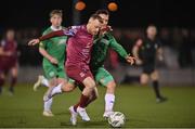 17 February 2023; Jack Doherty of Cobh Ramblers in action against Sean McGrath of Kerry FC during the SSE Airtricity Men's First Division match between Kerry and Cobh Ramblers at Mounthawk Park in Tralee, Kerry. Photo by Brendan Moran/Sportsfile