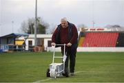 18 February 2023; Groundsman Seamus Murray lines the pitch before the SSE Airtricity Men's First Division match between Longford Town and Athlone Town at Bishopsgate in Longford. Photo by Michael P Ryan/Sportsfile