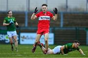 18 February 2023; Ethan Doherty of Derry reacts after a missed opportunity on goal during the Allianz Football League Division Two match between Derry and Meath at Derry GAA Centre of Excellence in Owenbeg, Derry. Photo by Ben McShane/Sportsfile