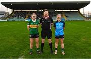 18 February 2023; Referee Patrick Smith with Kerry captain Síofra O'Shea and Dublin captain Carla Rowe before the 2023 Lidl Ladies National Football League Division 1 Round 4 match between Kerry and Dublin at Austin Stack Park in Tralee, Kerry. Photo by Eóin Noonan/Sportsfile