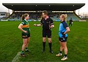 18 February 2023; Referee Patrick Smith with Kerry captain Síofra O'Shea and Dublin captain Carla Rowe before the 2023 Lidl Ladies National Football League Division 1 Round 4 match between Kerry and Dublin at Austin Stack Park in Tralee, Kerry. Photo by Eóin Noonan/Sportsfile