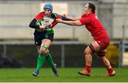 18 February 2023; Clodagh O'Halloran of Combined Provinces XV is tackled by Melissa Gnojek of Wales Development XV during the Celtic Challenge 2023 match between Combined Provinces XV and Welsh Development XV at Kingspan Stadium in Belfast. Photo by Ramsey Cardy/Sportsfile
