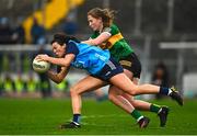 18 February 2023; Leah Caffrey of Dublin in action against Síofra O'Shea of Kerry during the 2023 Lidl Ladies National Football League Division 1 Round 4 match between Kerry and Dublin at Austin Stack Park in Tralee, Kerry. Photo by Eóin Noonan/Sportsfile